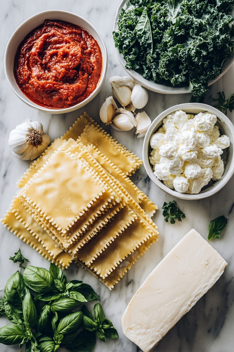 Flat lay of uncooked lasagna noodles neatly stacked, a bowl of bright red homemade tomato sauce, fresh chopped kale leaves, creamy part-skim ricotta cheese, whole garlic cloves, freshly grated Parmesan cheese, a block of fresh mozzarella, vibrant green basil leaves scattered artfully, placed on a white marble surface, photo taken with an iphone --ar 2:3 --v 7 - Lasagna Roll-Ups with Kale Ricotta and Mozzarella, baked lasagna roll-ups, healthy lasagna roll-ups, easy Italian pasta dishes, vegetarian lasagna roll-ups