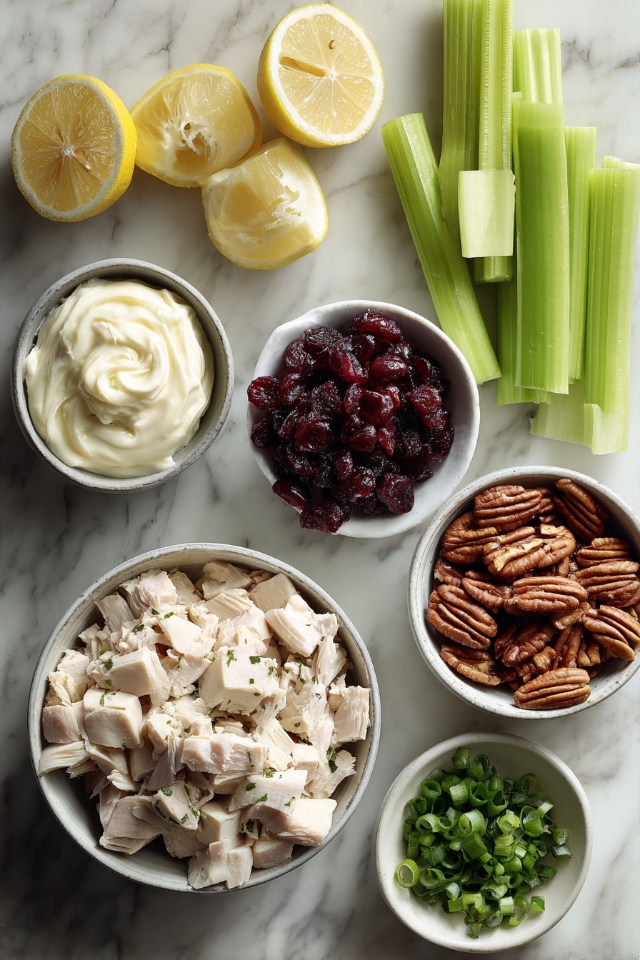 Flat lay of chopped cooked turkey, celery sticks, diced red onion, dried cranberries, chopped pecans, a small bowl of creamy mayonnaise, fresh lemon wedges, and bright green chopped scallions, all beautifully arranged in a balanced composition with vibrant colors, placed on a white marble surface, photo taken with an iphone --ar 2:3 --v 7 - Leftover Turkey Salad, easy leftover turkey ideas, cranberry turkey salad, quick turkey salad recipe, turkey leftovers ideas