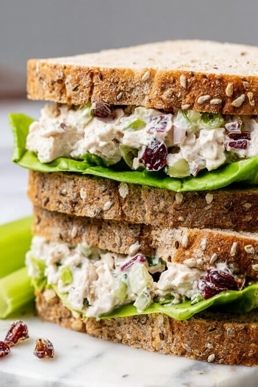 The image shows a close-up of a sandwich with three clear layers. The top and bottom layers are thick slices of multigrain bread with visible seeds and a rough texture. Between the bread slices, there is a visible layer of bright green leaf lettuce both on the top and bottom of the filling. The filling layer has small chunks of white chicken mixed with creamy white dressing, pieces of red onion, and some dark red cranberries, giving it a mixed texture and color. The sandwich sits on a white marbled surface with a small piece of celery nearby. photo taken with an iphone --ar 2:3 --v 7 - Leftover Turkey Salad, easy leftover turkey ideas, cranberry turkey salad, quick turkey salad recipe, turkey leftovers ideas