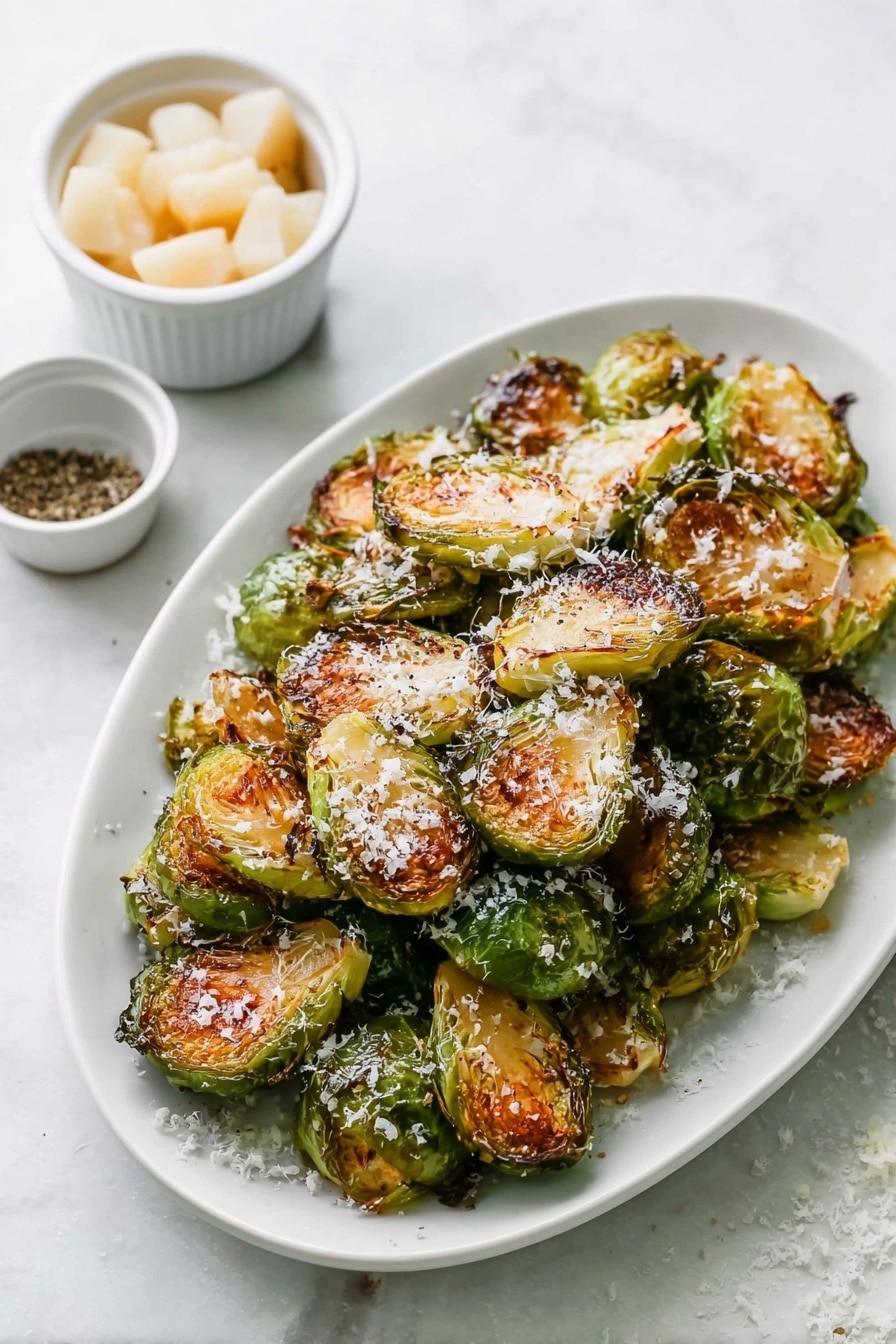 A white oval plate holds about three layers of roasted Brussels sprouts, each cut in half showing a golden-brown crisp surface with slight charring and bits of green outer leaves. They are sprinkled evenly with white grated cheese, adding texture and a light contrast on top. The plate sits on a white marbled surface. In the background, there are two small white ramekins, one filled with pale beige chunks and the other with dark ground seasoning. The overall look is simple, fresh, and warm. Photo taken with an iphone --ar 2:3 --v 7 - Garlic Parmesan Roasted Brussels Sprouts, Roasted Brussels Sprouts with Garlic and Parmesan, Easy Brussels Sprouts Side Dish, Healthy Roasted Brussels Sprouts, Breezy Holiday Side Dish