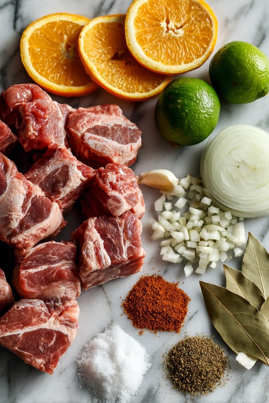 Flat lay of fresh pork shoulder chunks, bright orange slices, a halved lime, chopped white onions, peeled garlic cloves, dried bay leaves, and small piles of ground cumin, chili powder, and oregano, all beautifully arranged on a white marble surface, photo taken with an iphone --ar 2:3 --v 7 - Easy Slow Cooker Carnitas, slow cooker pork recipes, Mexican pork dishes, tender carnitas, flavorful pork tacos