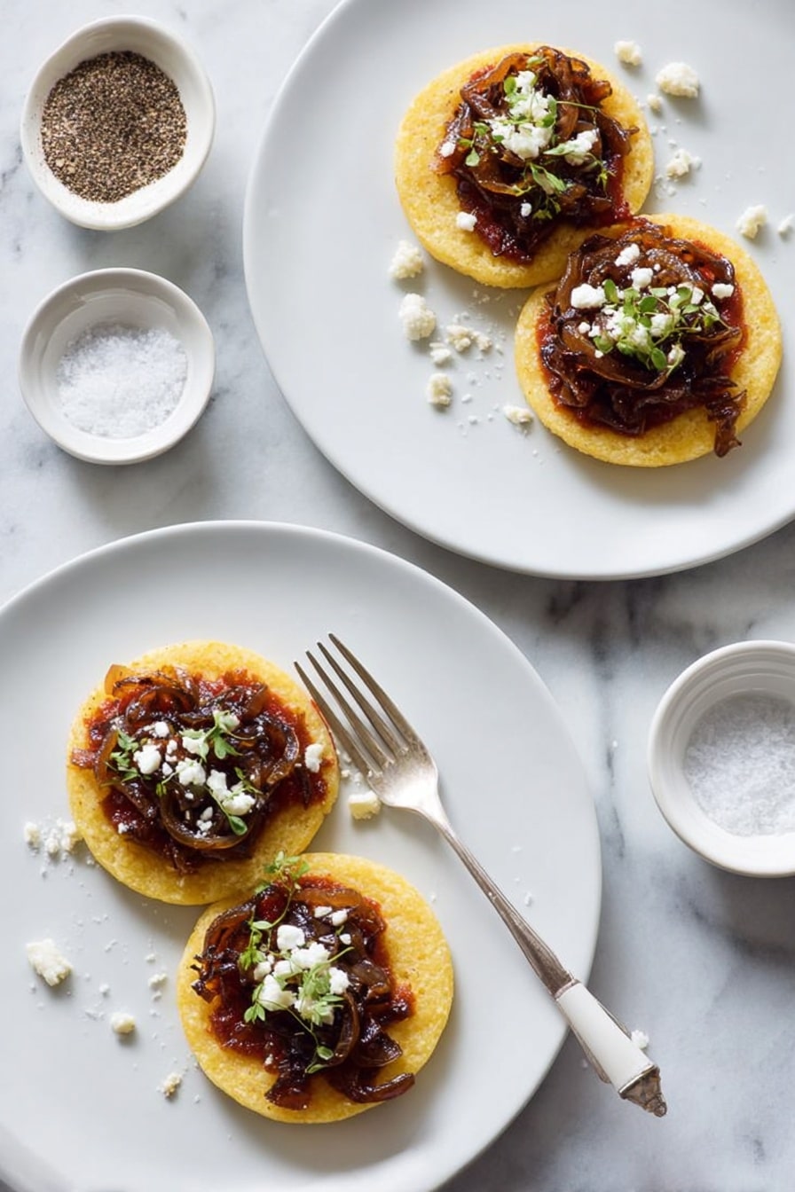 The image shows two white plates on a white marbled surface, each with three small round yellow cornmeal cakes. Each cake is topped with a visible layer of dark brown caramelized onions, a layer of white crumbled cheese, and a small sprinkle of finely chopped green herbs. The cornmeal cakes have a slightly crispy, browned texture around the edges. To the left, there are two bowls: one with assorted peppercorns and another with sea salt. On the right side, a silver fork and a knife rest on the white marbled surface. Photo taken with an iphone --ar 2:3 --v 7 - Polenta with Tomato Sauce Balsamic Onions and Feta, vegetarian polenta dish, easy quick vegetarian dinner, flavorful polenta recipes, creamy polenta with toppings