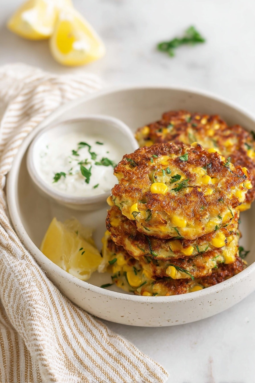 The image shows a white bowl with three golden brown corn fritters stacked on top of each other, each fritter textured with visible corn kernels and finely chopped green herbs, giving a slightly rough and crispy look. To the left side inside the bowl, there is a small white cup filled with a light cream sauce sprinkled with small green herb pieces. Behind the cup, fresh green parsley leaves add a pop of color. Next to the bowl on a white marbled surface, two lemon wedges rest beside a beige and white striped cloth, adding a fresh touch to the scene. Photo taken with an iphone --ar 2:3 --v 7 - Zucchini Corn Fritters, crispy vegetable fritters, healthy vegetarian snacks, easy zucchini recipes, summer appetizer ideas