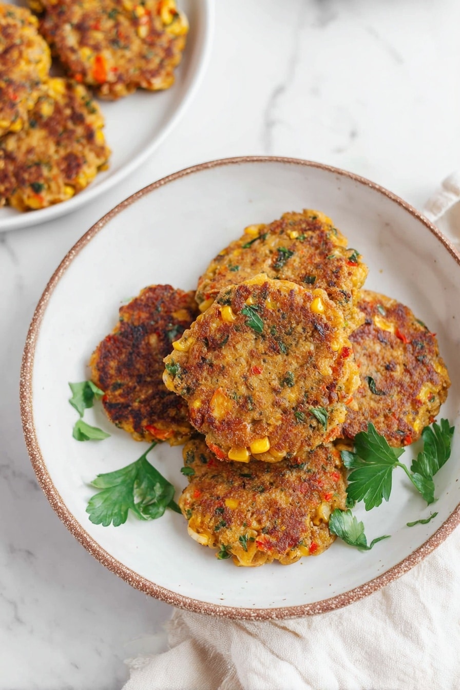 The dish shows a white plate filled with six golden-brown fritters stacked in two layers. Each fritter has a crispy texture with visible pieces of yellow corn, green herbs, and small red bits mixed in, giving a colorful speckled look. Fresh green parsley leaves are used sparingly on top and between the fritters for decoration. The plate sits on a white marbled surface with part of a striped light cloth underneath. The lighting is bright and natural, emphasizing the warm colors of the fritters. Photo taken with an iphone --ar 2:3 --v 7 - Zucchini Corn Fritters, crispy vegetable fritters, healthy vegetarian snacks, easy zucchini recipes, summer appetizer ideas