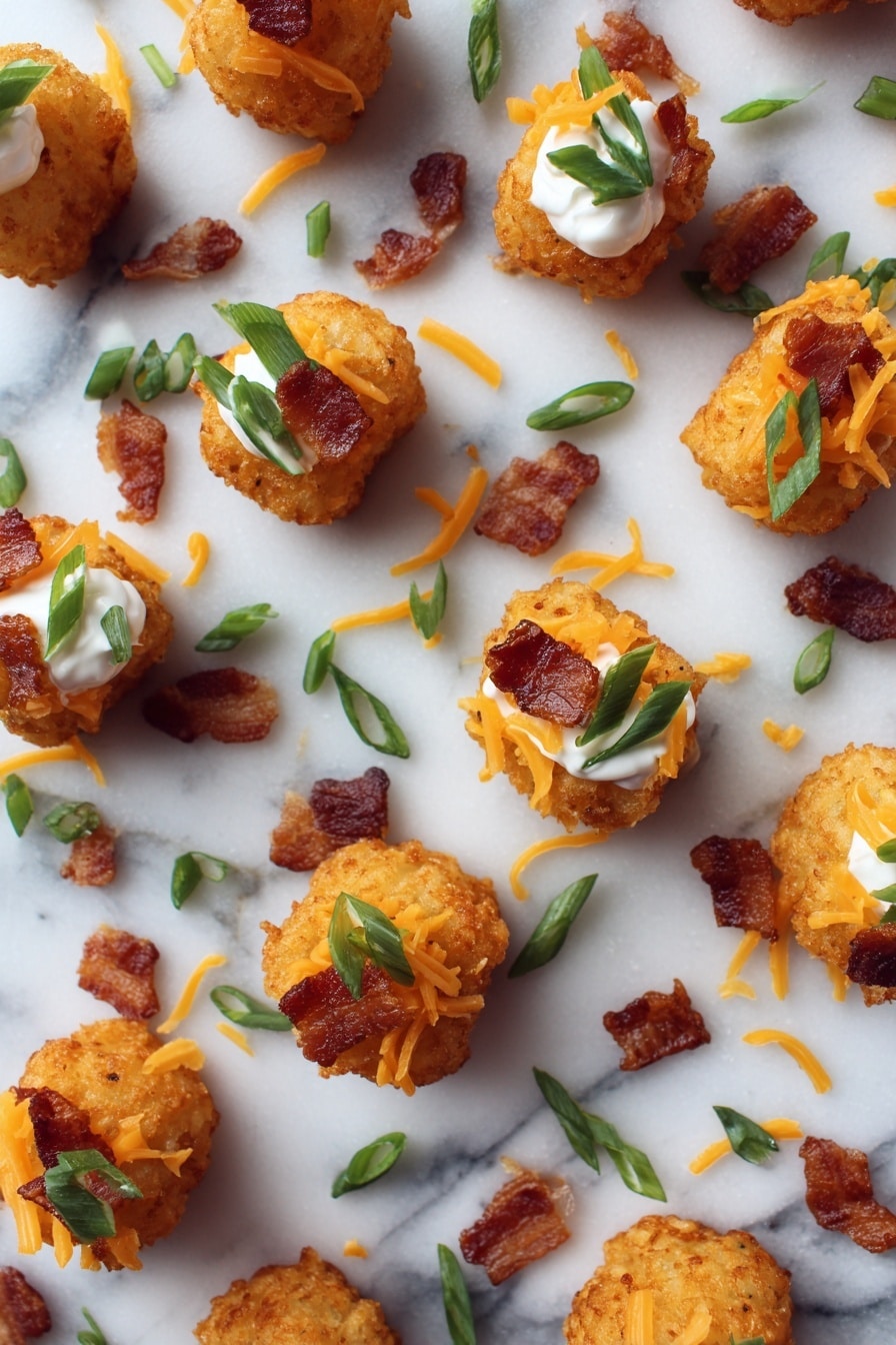 Flat lay of crispy golden tater tots arranged with shredded sharp cheddar cheese, dollops of smooth sour cream, crispy crumbled bacon pieces, and fresh bright green sliced green onions scattered artistically, placed on a white marble surface, photo taken with an iphone --ar 2:3 --v 7 - Tater Tot Appetizer Cups with Cheddar, Bacon, and Green Onions, cheesy bacon tater tot bites, crispy tater tot appetizer, bacon and cheddar appetizer, party finger foods