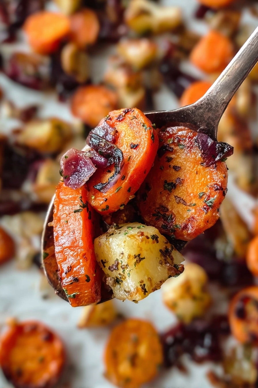 A close-up image shows a metal spoon with a mix of roasted vegetables, held over a white marbled background scattered with more roasted pieces. The spoon holds three main pieces: two thick slices of orange carrot with dark char marks, and a small golden-brown chunky potato piece with a textured herb seasoning. Some bits of dark red onion are also visible, giving a contrast in color and a slightly crispy look. The background shows more roasted carrots, potatoes, and onions, all similarly browned and textured, giving a warm, cooked feeling. Photo taken with an iphone --ar 2:3 --v 7 - Maple Dijon Roasted Carrots and Apples, roasted carrots and apples, maple Dijon roasted vegetables, healthy roasted side dish, seasonal roasted carrots and apples