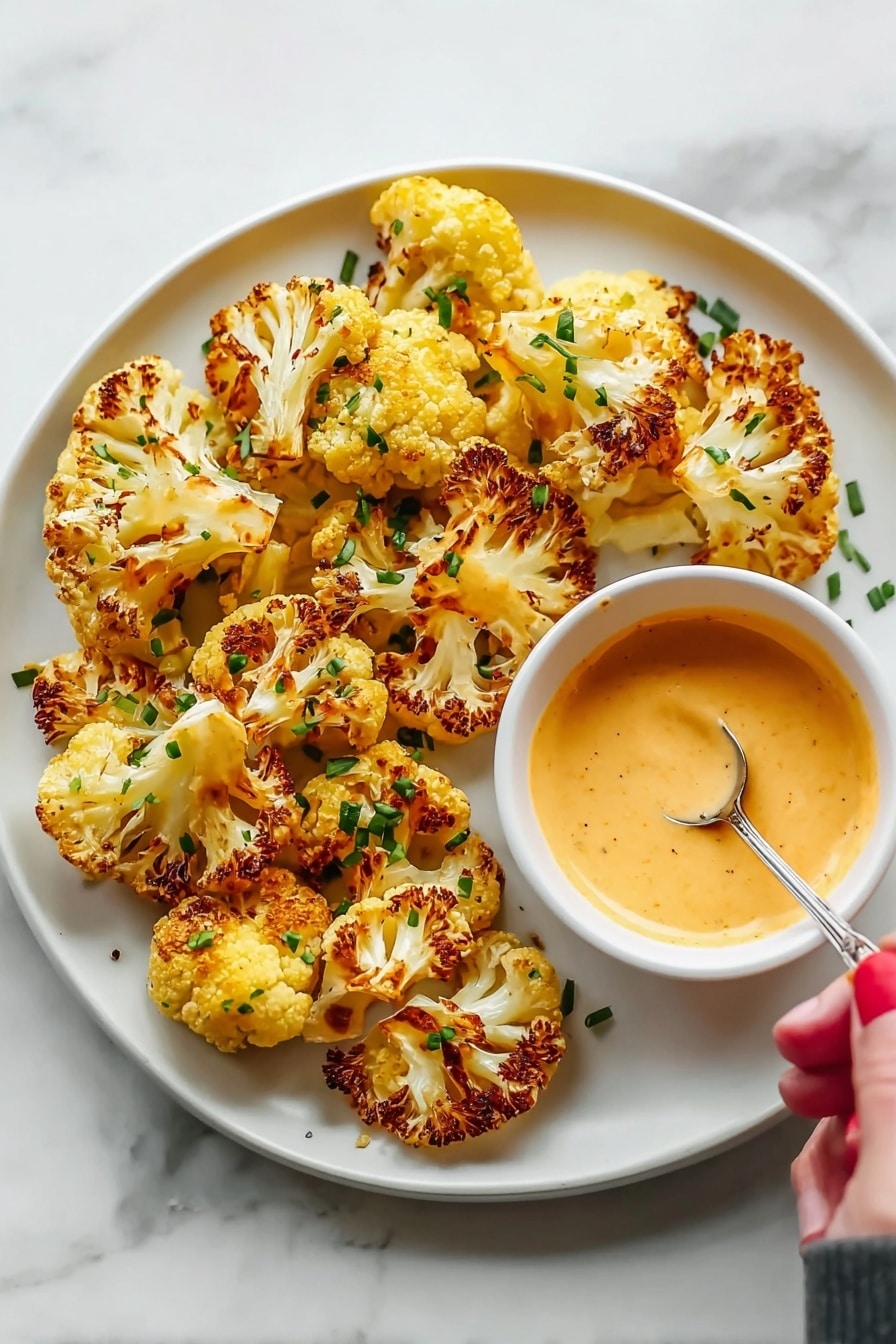 A white plate holds about two layers of roasted cauliflower florets with golden brown edges and bright yellow centers, sprinkled lightly with small green herb pieces. On the right side of the plate is a small white bowl filled with creamy orange dipping sauce. A woman's hand is holding a small spoon dipping into the sauce. The plate sits on a white marbled surface. photo taken with an iphone --ar 2:3 --v 7 - Crispy Air Fryer Cauliflower Without Breading, healthy cauliflower snacks, low-carb air fryer vegetables, easy air fryer cauliflower, crispy cauliflower side dish