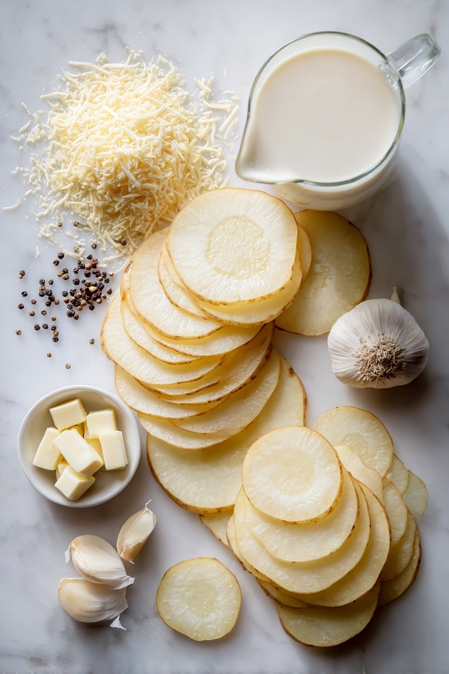 Flat lay of thinly sliced Russet and Yukon Gold potatoes arranged in neat overlapping layers, fresh grated sharp cheddar cheese piled next to finely grated parmesan cheese, smooth heavy cream gently poured in a glass stream, small cubes of creamy butter, and a cluster of minced garlic cloves, all beautifully arranged with a few scattered black peppercorns for texture, placed on a white marble surface, photo taken with an iphone --ar 2:3 --v 7 - Easy Cheesy Scalloped Potatoes, cheesy scalloped potatoes, creamy scalloped potatoes, potato casserole with cheese, easy comfort food recipes