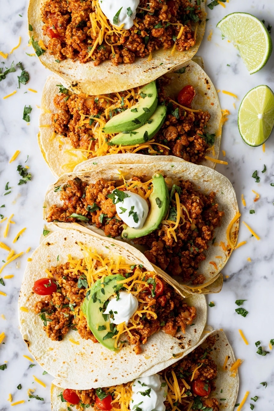 The image shows three small soft tacos on a white plate placed on a white marbled surface. Each taco has a light tan tortilla filled with a reddish ground meat mixture, mixed with small bits of herbs. On top of the meat, there are bright red cherry tomato halves and slices of light green avocado. The tacos are topped with small dollops of white sour cream and sprinkled with yellow shredded cheese and green chopped herbs. The filling in each taco is full and slightly spilling out, creating a vibrant and fresh look. Photo taken with an iphone --ar 2:3 --v 7 - Ground Turkey Tacos with Tomato Sauce and Fresh Toppings, healthy turkey taco recipes, quick weeknight tacos, easy ground turkey dinner, flavorful taco ideas