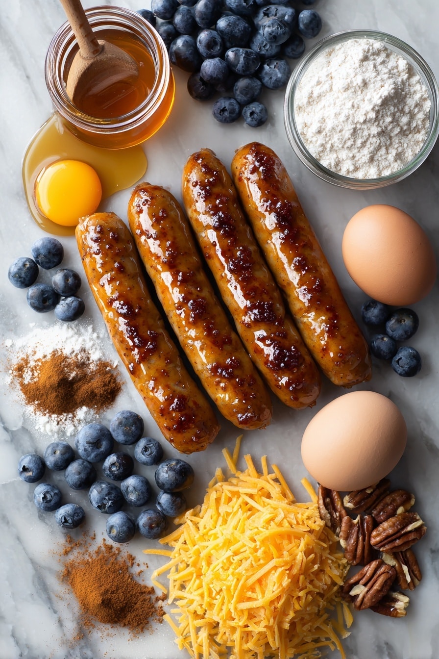 Flat lay of sweet maple sausage links sliced to show texture, large fresh eggs with smooth shells, a small jug of creamy milk, a bottle of pure maple syrup with amber color, a neat pile of cubed challah bread, a mound of shredded cheddar cheese, fresh plump blueberries scattered artistically, and chopped pecans adding a rustic touch, all placed on a white marble surface, photo taken with an iphone --ar 2:3 --v 7 - Sweet Maple Sausage Breakfast Casserole, maple sausage breakfast bake, savory sweet breakfast casserole, holiday brunch casserole, make-ahead breakfast casserole