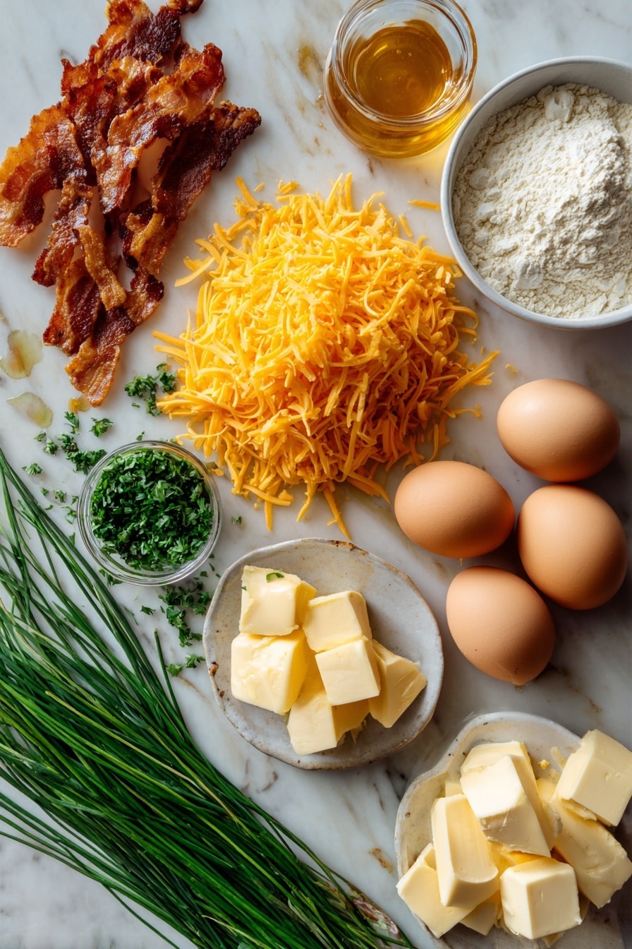 Flat lay of shredded sharp cheddar cheese piled neatly next to crisp, crumbled golden bacon slices, fresh bright green chopped parsley scattered artfully, delicate thin chives placed in small bundles, large smooth brown eggs whole, a small mound of pale all-purpose flour, a few cubes of rich melted butter glistening softly, and a small drizzle of golden honey pooling gently, all beautifully arranged on a white marble surface, photo taken with an iphone --ar 2:3 --v 7 - Savory Cheddar & Bacon Dutch Baby, Dutch Baby recipes with cheddar and bacon, savory brunch ideas, quick savory breakfast recipes, bacon and cheese Dutch pancake