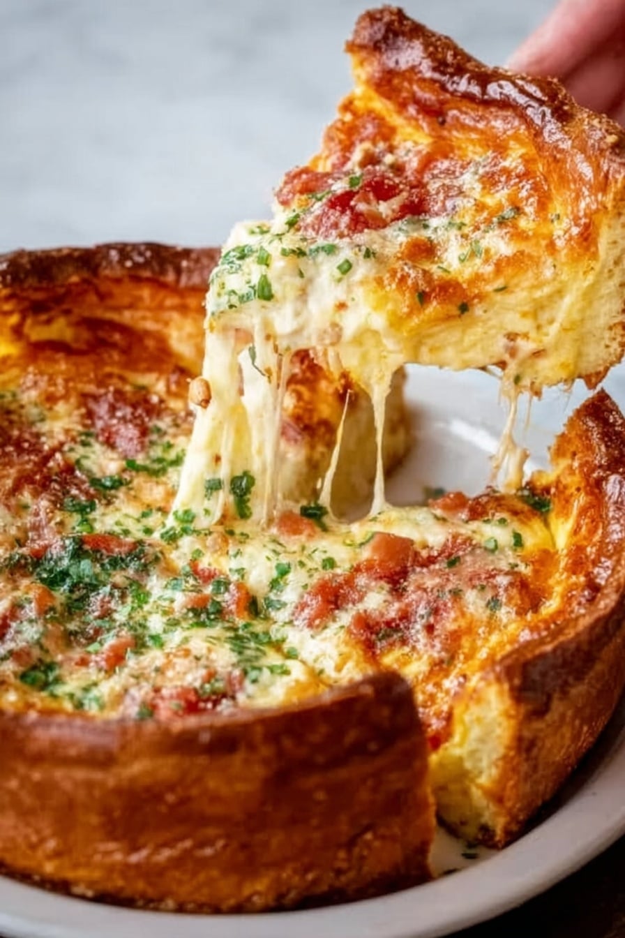 The image shows a thick slice of deep-dish pizza being lifted from a white plate by a woman's hand. The pizza has multiple layers: a golden-brown, thick crust forming the base and edges; a layer of melted, light orange cheese that stretches as the slice lifts; spots of red tomato sauce visible beneath the cheese; and green herbs sprinkled on top, adding color and texture. The pizza's surface looks bubbly and slightly shiny, with a rich and textured appearance. The white plate sits on a white marbled surface. Photo taken with an iphone --ar 2:3 --v 7 - Savory Cheddar & Bacon Dutch Baby, Dutch Baby recipes with cheddar and bacon, savory brunch ideas, quick savory breakfast recipes, bacon and cheese Dutch pancake