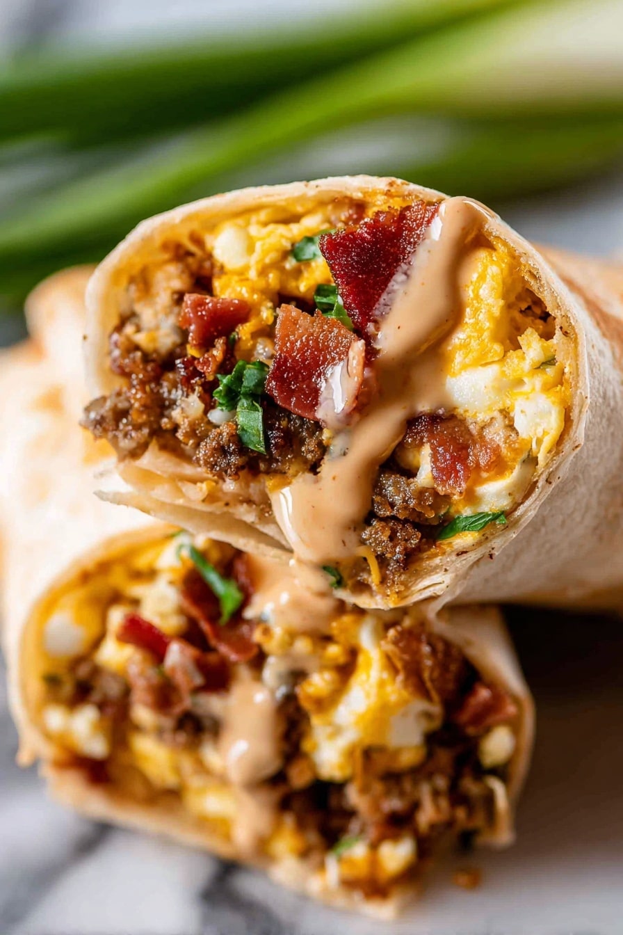 A close-up image of a rolled tortilla filled with several layers: a base layer of soft yellow scrambled eggs, mixed with small pieces of dark brown cooked meat, bright green chopped herbs, and bits of reddish crispy bacon; the top has a light brown creamy sauce drizzled over the filling and some of it dripping down the tortilla. The tortilla itself has a slightly toasted light beige color with a soft texture. The background shows more green stalks, all set on a white marbled surface. Photo taken with an iphone --ar 2:3 --v 7 - The Only Breakfast Burrito Recipe You Need, Breakfast burrito ideas, Easy breakfast burritos, Make-ahead breakfast recipes, Hearty breakfast recipes