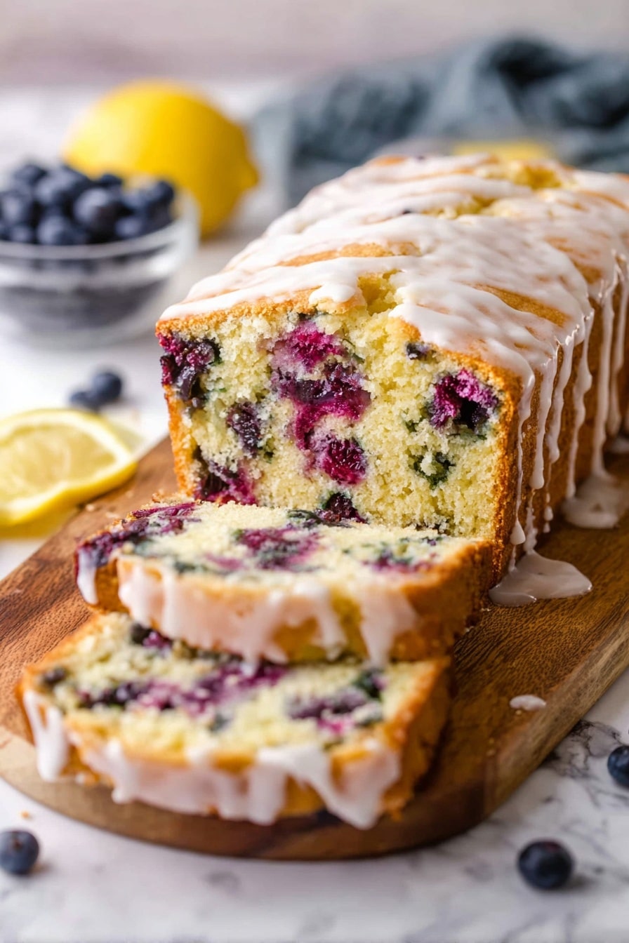 A loaf of blueberry cake with one thick slice cut and laid flat in front of it on a wooden board. The cake has two layers: the soft yellow crumb with dark purple blueberries spread throughout, and a thin white icing drizzled unevenly over the rough, golden-brown crust on top. The crumb looks moist and fluffy with visible blueberries inside. Around the board are scattered fresh blueberries and three lemon wedges to add color. The background shows a small white bowl and white plates on a white marbled surface. photo taken with an iphone --ar 2:3 --v 7 - Blueberry Zucchini Bread with Lemon Glaze, healthy zucchini bread, blueberry quick bread, citrus zucchini loaf, moist zucchini cake