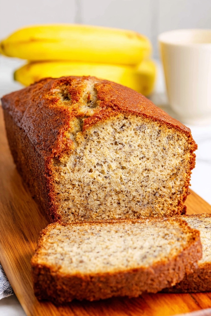 A loaf of banana bread with a golden brown crust is shown on a wooden board with three thick slices cut from the front. The bread's inside is light tan with small dark brown specks of banana throughout, showing a soft and moist texture. In the background, there is a small bunch of ripe yellow bananas and a white cup, all placed on a white marbled surface. The focus is on the front slice, highlighting its crumbly and tender look. Photo taken with an iphone --ar 2:3 --v 7 - One-Bowl Banana Bread, Easy Banana Bread, Moist Banana Bread, Quick Banana Bread Recipe, Simple Banana Bread