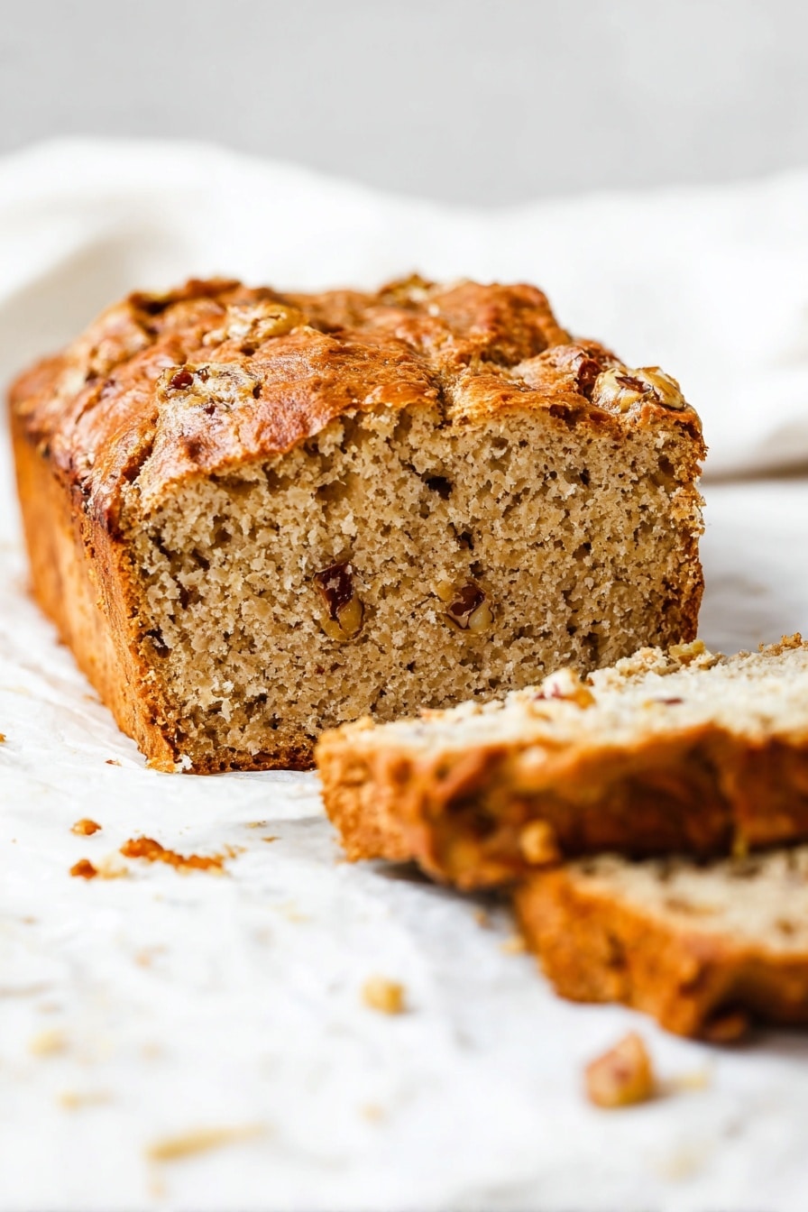 A single slice of moist, dense, brownish-orange cake with visible small bits and a slightly crumbly texture sits in the center of a white plate with a subtle speckled pattern. Around the slice are scattered small crumbs and drops of a shiny, light golden syrup or honey. The cake slice shows texture made of tiny holes and embedded pieces of what looks like carrots or nuts, giving it a rustic, homemade feel. The entire setting rests on a white marbled surface. Photo taken with an iphone --ar 2:3 --v 7 - Guinness Beer Bacon Cheddar Bread, easy beer bread with bacon and cheese, homemade savory Guinness bread, flavorful beer bread recipe, simple bread with bacon and cheddar