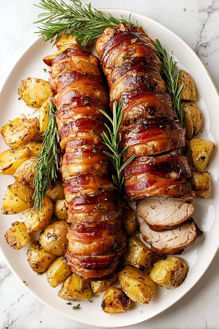The image shows two large bacon-wrapped rolls of meat placed side by side on a white plate. One roll is whole, shiny with a crispy reddish-brown bacon layer, and sprinkled with small herb bits. The other roll is sliced into thick pieces, each showing a beige inside layer of cooked meat wrapped tightly with the same crispy bacon. Around the rolls, there are many small roasted golden brown potato halves with a slightly crispy texture and sprinkled herbs. A few green rosemary sprigs are placed in the middle for garnish. The plate is set on a white marbled surface. photo taken with an iphone --ar 2:3 --v 7 - Bacon-Wrapped Pork Tenderloin, pork tenderloin wrapped in bacon, easy pork tenderloin recipe, flavorful pork dinner, crispy bacon pork