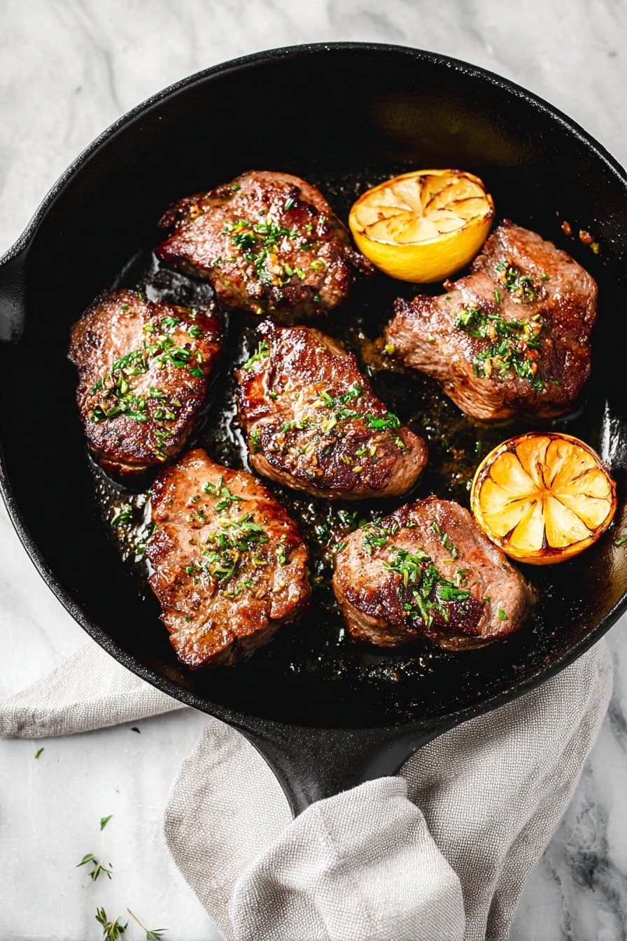 The image shows several grilled lamb chops with a browned, slightly charred outer layer, topped with small green herb sprigs scattered over them. The lamb chops have a textured surface with both golden-brown and darker grill marks. Around the chops, there are wedges of lemon with a bright yellow color and a slightly caramelized surface at their edges, placed on a black cooking pan. The background texture is a white marble surface. photo taken with an iphone --ar 2:3 --v 7 - Lemon Thyme Lamb Chops, lemon thyme lamb chops recipe, easy lamb chop recipes, quick lamb dinner ideas, flavorful lamb chop dishes