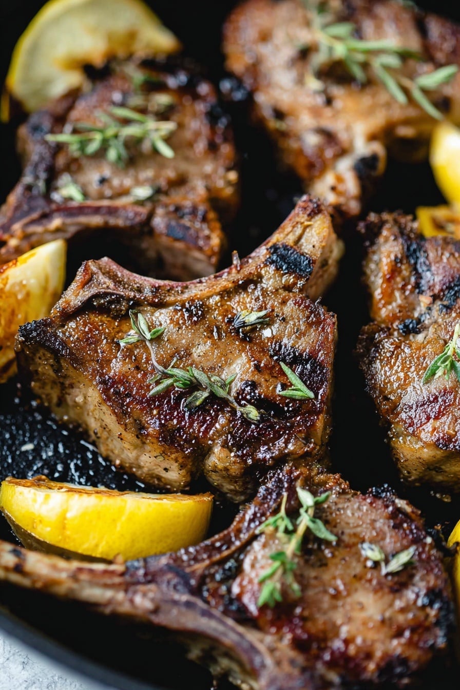 The image shows several cooked lamb chops in a black pan. Each lamb chop has a bone, and the meat around the bone is rich brown with a shiny, slightly oily surface. The lamb chops are sprinkled with small green herbs and visible black pepper grains. The pan contains some small pools of oil and juices, adding a glossy look. In the background, there is a blurred dark gray cloth, and the whole scene is set on a white marbled surface. Photo taken with an iphone --ar 2:3 --v 7 - Garlic Butter Lamb Chops, Lamb Chops Recipes, Easy Lamb Dinner, Quick Lamb Recipes, Flavorful Lamb Chops