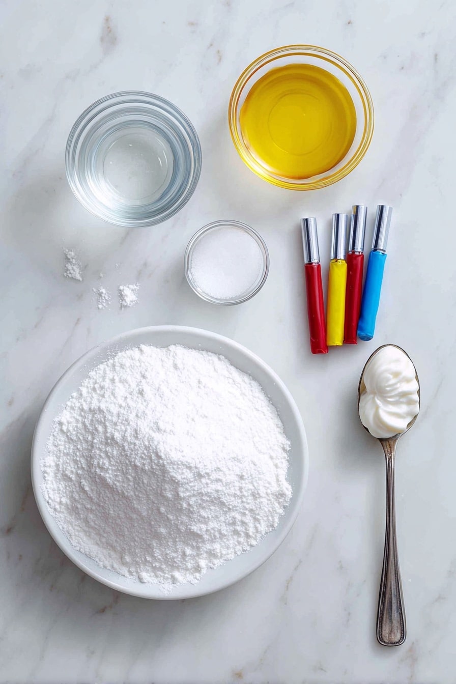 Flat lay of sifted powdered sugar in a neat mound, a small glass cup of light corn syrup shimmering, a few drops of clear milk pooling gently nearby, a tiny bowl with vanilla extract glistening, vibrant gel food coloring tubes in red, blue, and yellow hues arranged in a fan shape, and a spoon with a dollop of smooth white icing, all beautifully arranged on a white marble surface, photo taken with an iphone --ar 2:3 --v 7 - Sugar Cookie Icing, cookie decorating icing, homemade icing for cookies, glossy cookie icing, easy sugar cookie icing