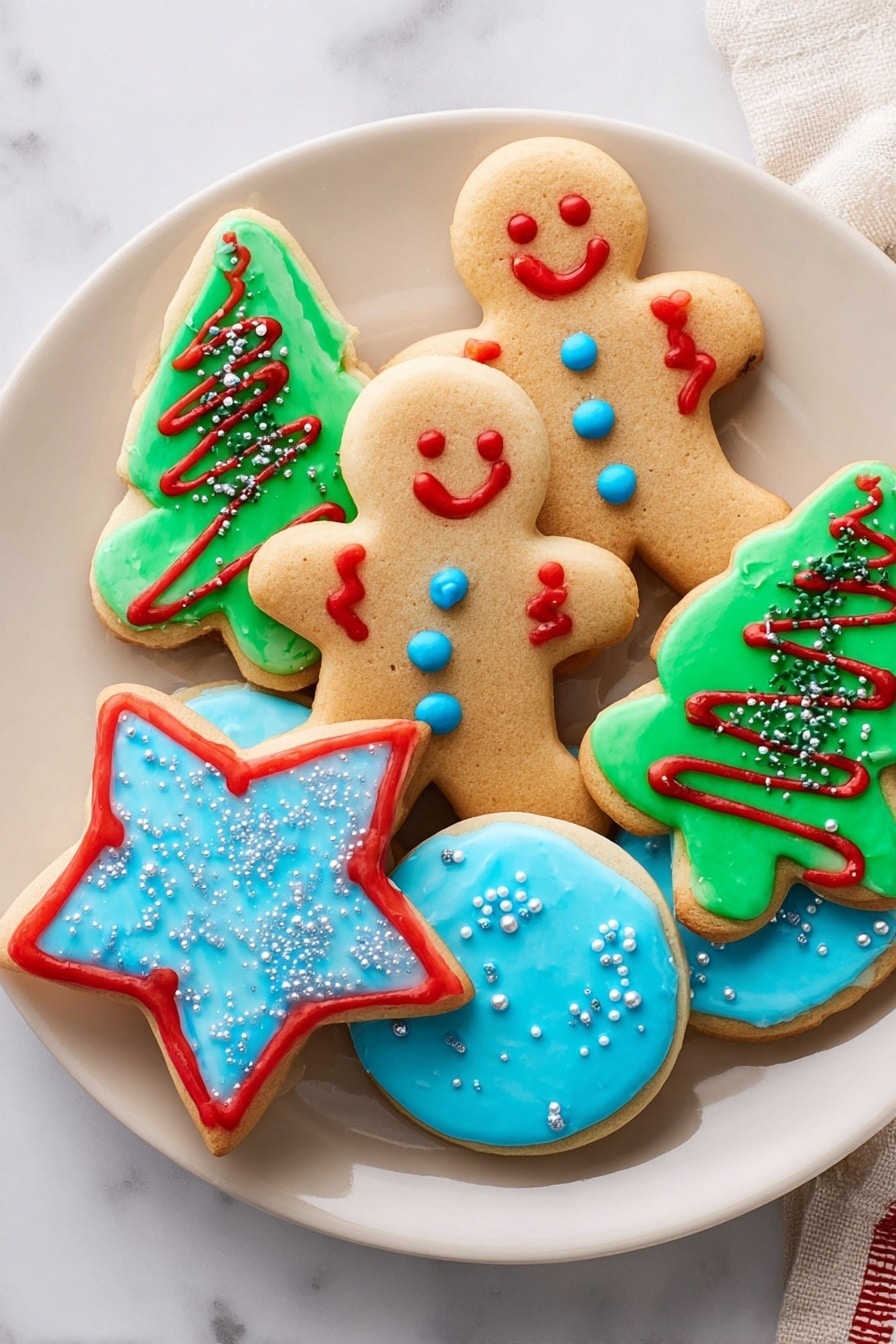 A white plate holds a mix of Christmas cookies with different shapes and colorful icing decorations. There are two gingerbread man cookies with light brown color, each decorated with red icing for smiles, arms, and legs, and small blue icing dots down the center. Two tree-shaped cookies have bright green icing with red zigzag lines and green sprinkles on top. One star-shaped cookie is covered in smooth blue icing with a red outline and silver sprinkle details. Two round cookies have blue icing surfaces dotted with white sprinkles, showing light brown edges. The plate rests on a white marbled textured surface. Photo taken with an iphone --ar 2:3 --v 7 - Sugar Cookie Icing, cookie decorating icing, homemade icing for cookies, glossy cookie icing, easy sugar cookie icing