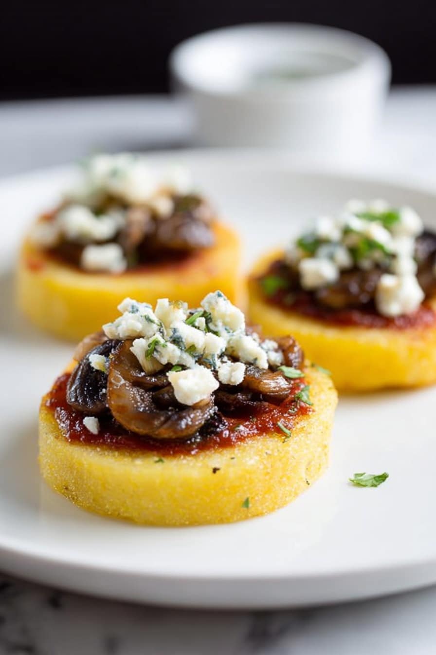 The image shows three round, golden yellow slices of grilled polenta placed evenly on a white plate with a white marbled background. Each polenta slice has a layer of red tomato sauce topped with dark brown caramelized onions. On top of the onions, there are small white crumbles of cheese and a sprinkle of green herbs. In the background, there is a small white ramekin blurred out. Photo taken with an iphone --ar 2:3 --v 7 - Polenta with Tomato Sauce Balsamic Onions and Feta, vegetarian polenta dish, easy quick vegetarian dinner, flavorful polenta recipes, creamy polenta with toppings