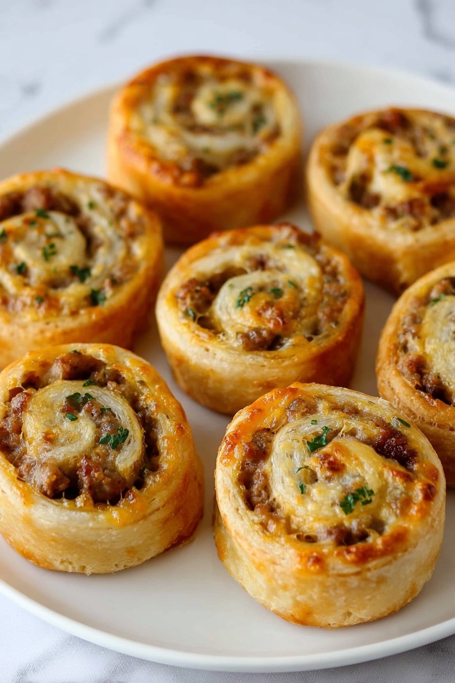 There are eight small rolled snacks on a round white plate, placed on a white marbled surface. Each roll has two visible layers: a light golden-brown outer dough layer that is smooth and slightly shiny, and an inner filling layer made of light brown meat mixed with small bits of green herbs, giving a speckled texture. The rolls are all upright and evenly spaced, showing their spiral shape clearly. Photo taken with an iphone --ar 2:3 --v 7 - Sausage Pinwheels, Sausage Pinwheels recipe, savory appetizer, easy party snacks, flaky sausage rolls