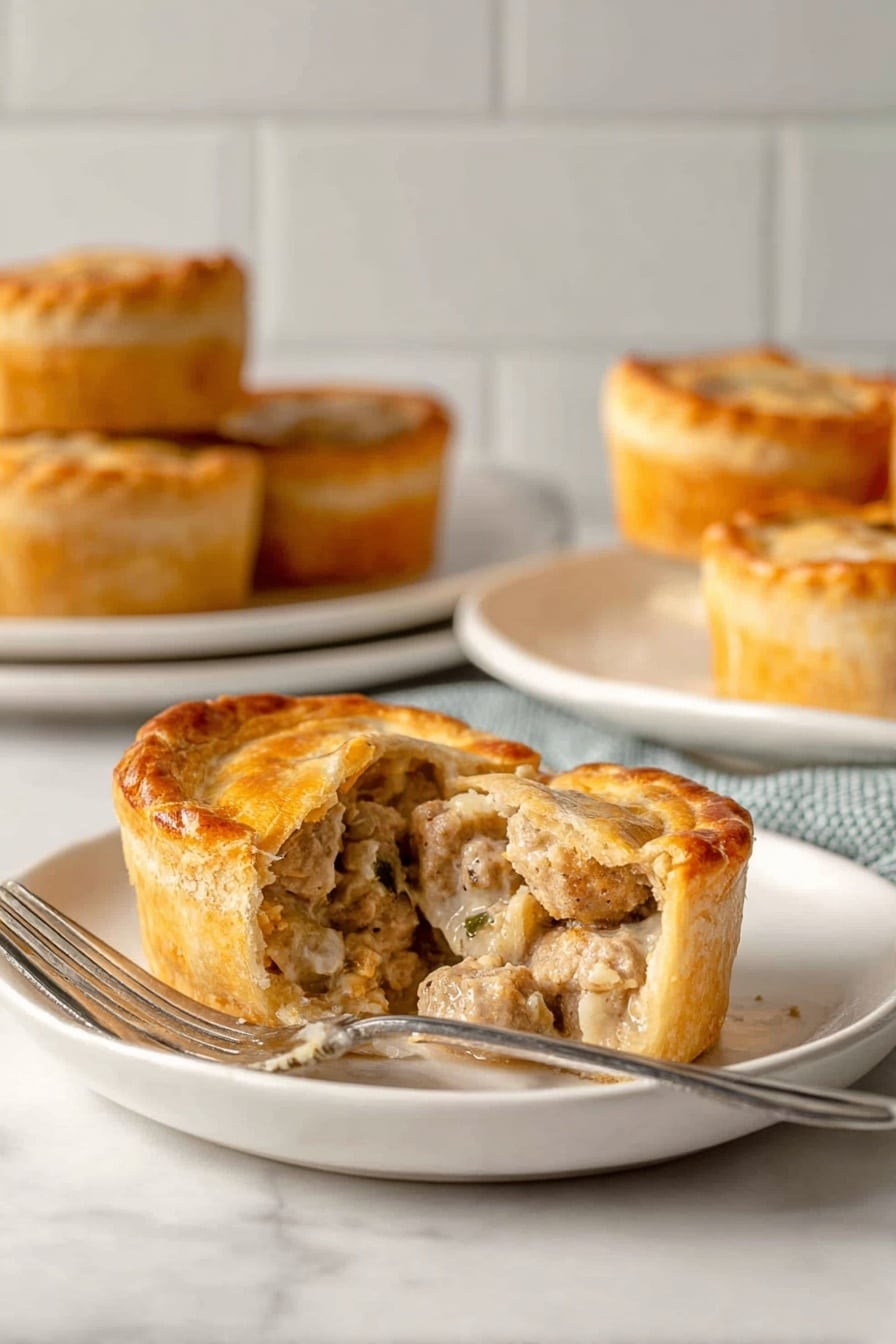 The image shows a close-up of a small round pie with a light golden crust, cut open to reveal a thick, creamy filling made mostly of ground meat mixed with small bits and a few green herbs. The pie sits on a simple white plate with a silver fork beside it. In the background, there is a white plate holding several more of the same small pies, all with the same golden crust color and a smooth, slightly shiny surface. The scene is set on a white marbled texture, and the background is softly blurred with white tiles. photo taken with an iphone --ar 2:3 --v 7 - Sausage Pinwheels, Sausage Pinwheels recipe, savory appetizer, easy party snacks, flaky sausage rolls