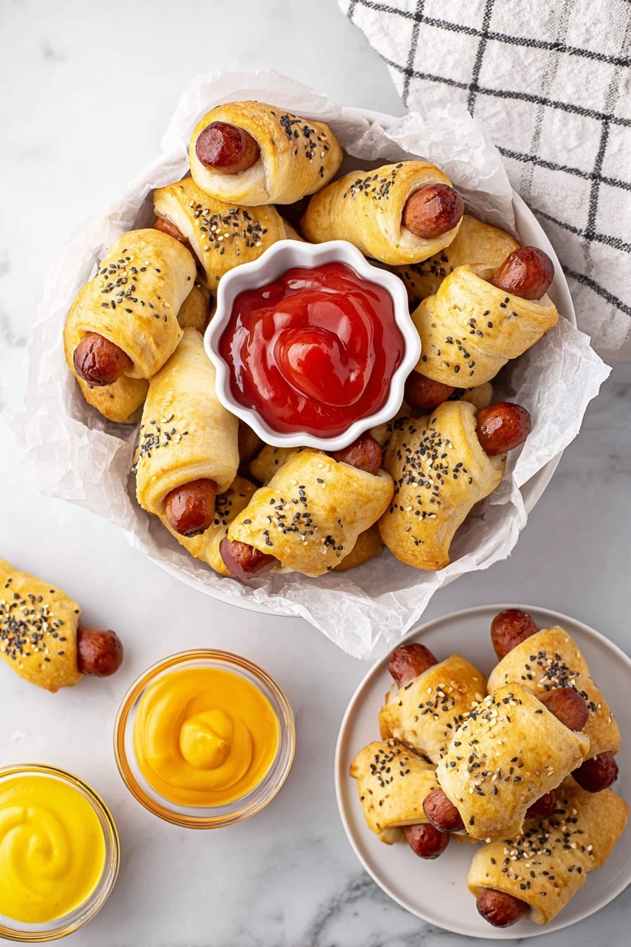 The image shows two white plates filled with golden-brown mini sausages wrapped in light, flaky dough sprinkled with black and white sesame seeds and coarse salt. One plate is lined with white parchment paper and holds a white small bowl of bright red ketchup with a smooth, swirled texture in the center. The other plate, stacked with more wrapped sausages, sits beside a small glass bowl of shiny, bright yellow mustard with a creamy texture. The scene is set on a white marbled surface with part of a white cloth with a blue check pattern visible at the top right corner. Photo taken with an iphone --ar 2:3 --v 7 - Pigs in a Blanket with Everything Bagel Seasoning, pigs in a blanket appetizer, easy party snacks, gourmet pig in a blanket, savory snack ideas