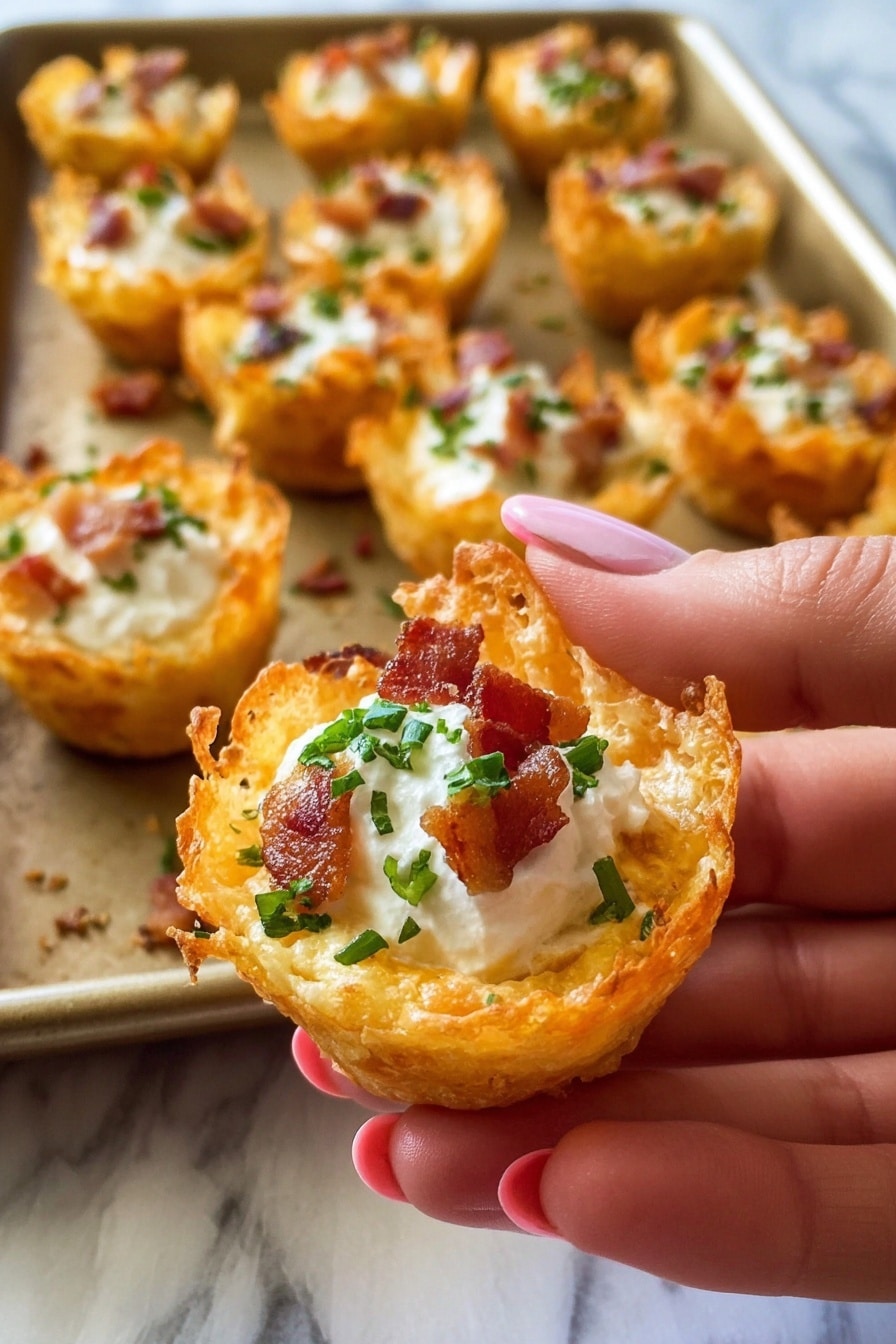 There are several small crispy golden cups with a lacy texture on a metal tray placed on a white marbled surface. Each cup holds a dollop of white creamy topping, sprinkled with small pieces of reddish-brown bacon and green chopped herbs. A woman's hand is holding one cup towards the camera, showing the details clearly. The cups have a hollow center with the toppings inside and uneven crispy edges. The photo taken with an iphone --ar 2:3 --v 7 - Tater Tot Appetizer Cups with Cheddar, Bacon, and Green Onions, cheesy bacon tater tot bites, crispy tater tot appetizer, bacon and cheddar appetizer, party finger foods