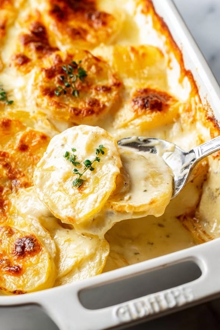 A close-up view of a white rectangular baking dish filled with a creamy potato gratin. The top layer shows golden-brown melted cheese with spots of light browning and a few small green herb sprinkles. Underneath, thinly sliced round potato pieces are visible with a creamy white sauce covering them, creating a smooth texture. A silver serving spoon is scooping up some of the dish, held by a woman's hand, showing the soft and tender layers of potatoes and sauce. The dish is set on a white marbled surface. photo taken with an iphone --ar 2:3 --v 7 - Easy Cheesy Scalloped Potatoes, cheesy scalloped potatoes, creamy scalloped potatoes, potato casserole with cheese, easy comfort food recipes