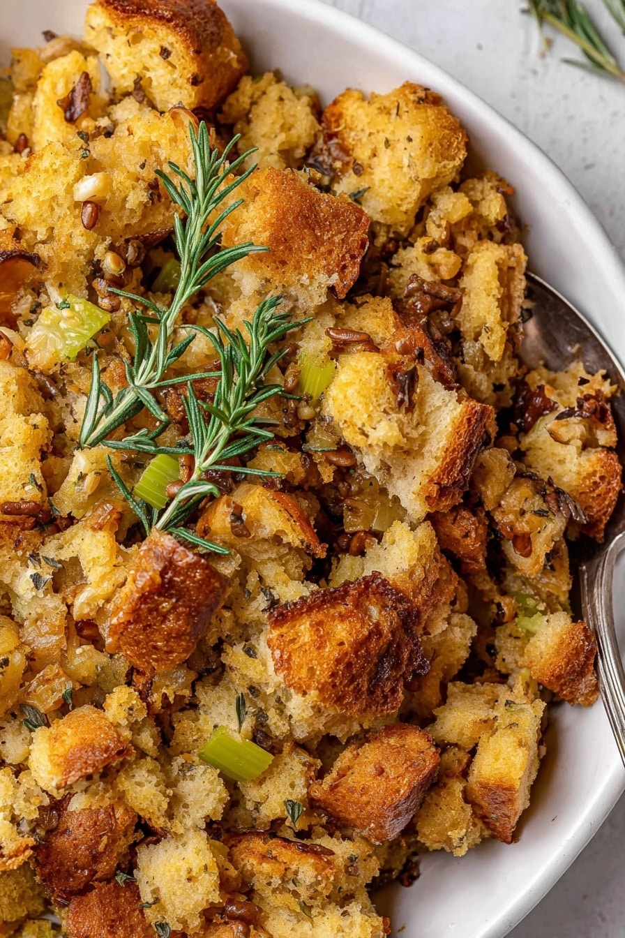 The image shows a close-up of stuffing inside a white bowl on a white marbled surface. The stuffing has one layer made of small golden-brown and light beige bread pieces with textures ranging from crusty to soft. Mixed in are green celery bits and visible black pepper flakes, adding specks of color. On top, there are a few sprigs of fresh rosemary and thyme, their green needles and tiny leaves resting across the bread. There is an old silver spoon partially visible on the right side. The overall look is warm and rustic, with a mix of rough and soft textures. photo taken with an iphone --ar 2:3 --v 7 - Grandma's Thanksgiving Turkey Stuffing, classic stuffing recipe, holiday stuffing, homemade stuffing, Thanksgiving side dish