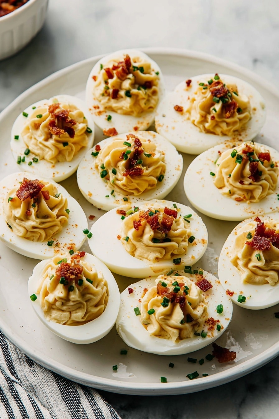 The image shows a white plate with eleven deviled egg halves arranged close together. Each egg half has a smooth, white outer white layer, holding a creamy, pale yellow filling piped in a swirled pattern on top. The filling is garnished with small, crispy pieces of reddish-brown bacon and sprinkled with finely chopped green chives. There is also a light dusting of reddish-orange paprika over the eggs and plate. The plate sits on a white marbled textured surface. photo taken with an iphone --ar 2:3 --v 7 - Grandma’s Easy Deviled Eggs for Thanksgiving, Thanksgiving deviled eggs, easy holiday appetizer recipes, classic deviled eggs, festive egg appetizers