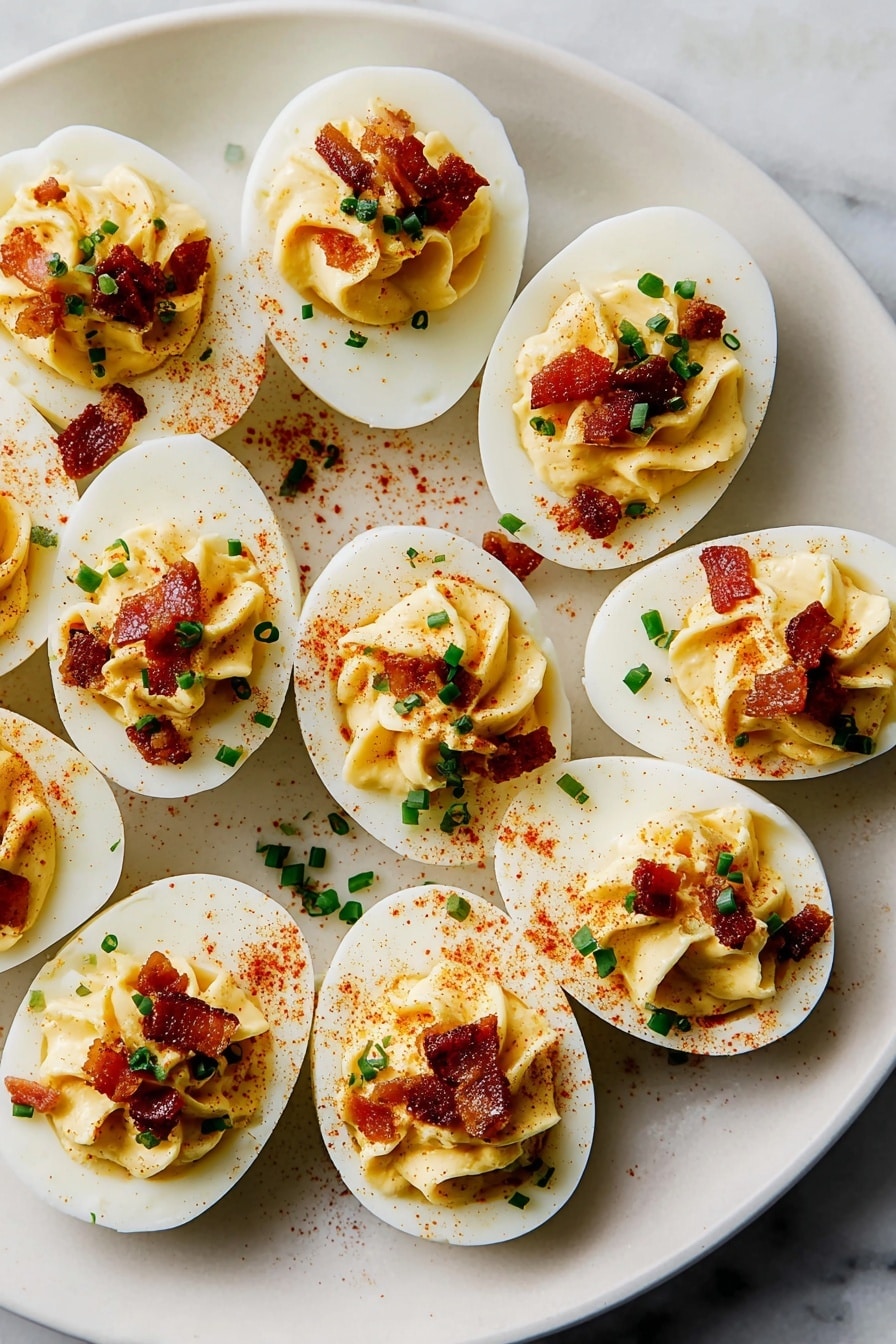 The image shows a white plate on a white marbled surface filled with eleven halved boiled eggs arranged in a loose circular pattern. Each egg half has a smooth and shiny white outer layer, topped with a swirl of creamy pale yellow yolk filling that has a soft, fluffy texture. On top of the filling are small pieces of crisp reddish-brown bacon and scattered finely chopped bright green chives. There is a light dusting of reddish paprika powder sprinkled over the eggs and the plate, adding a bit of color contrast. The overall look is fresh and appetizing with a mix of smooth, soft, and crunchy textures in warm tones. Photo taken with an iphone --ar 2:3 --v 7 - Grandma’s Easy Deviled Eggs for Thanksgiving, Thanksgiving deviled eggs, easy holiday appetizer recipes, classic deviled eggs, festive egg appetizers