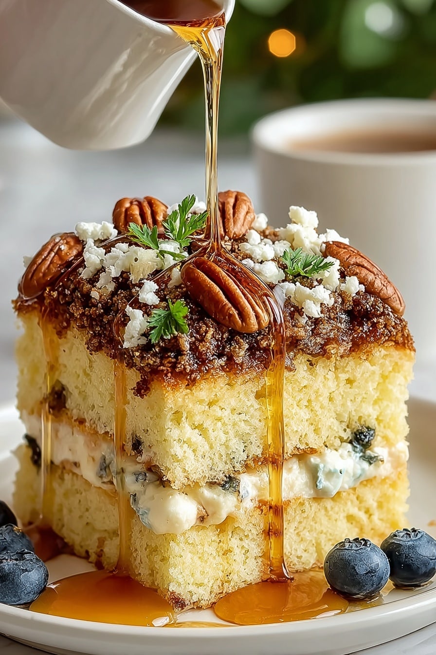 A thick round cake with a golden-brown crust sits on a white plate, covered with thick white icing dripping down the sides. On top, there is a layer of crumbled brown topping mixed with whole pecans and dark blueberries sprinkled with white powdered sugar. A spoon held by a woman's hand is pouring golden syrup in the center of the cake. In the background, there is a green garnish and a blurred white cup on a white marbled surface. Photo taken with an iphone --ar 2:3 --v 7 - Sweet Maple Sausage Breakfast Casserole, maple sausage breakfast bake, savory sweet breakfast casserole, holiday brunch casserole, make-ahead breakfast casserole