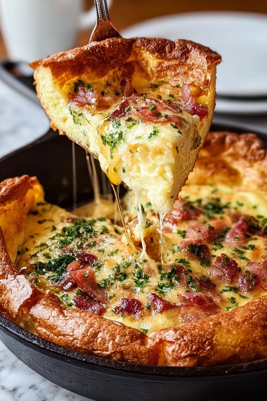 A golden brown baked dish with thick, puffed edges that look crisp and slightly darker in color. Inside, a creamy, melted cheese layer mixed with green herbs and small pieces of reddish-brown bacon covers the surface. A slice is being lifted by a fork, showing stretchy, gooey cheese pulling away from the main dish in the black cast iron skillet beneath, with syrup being poured over the slice. The background has a white marbled texture with parts of a white plate visible. Photo taken with an iphone --ar 2:3 --v 7 - Savory Cheddar & Bacon Dutch Baby, Dutch Baby recipes with cheddar and bacon, savory brunch ideas, quick savory breakfast recipes, bacon and cheese Dutch pancake