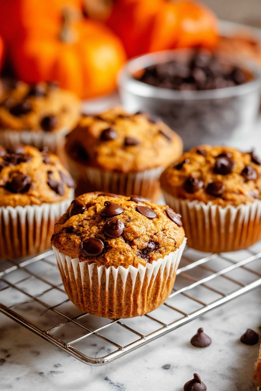 The image shows six golden-brown muffins with a rough, slightly crisp top, each studded generously with semi-melted dark brown chocolate chips. The muffins are held in white paper liners, placed on a silver wire cooling rack with a white marbled surface underneath. In the background, a clear glass bowl filled with more chocolate chips is slightly blurred, and out of focus orange pumpkins create a cozy autumn feel. The light highlights the muffins’ texture, making the chocolate chips look rich and soft. photo taken with an iphone --ar 2:3 --v 7 - Pumpkin Chocolate Chip Muffins, pumpkin muffin recipe, easy pumpkin muffins, pumpkin bakery treats, fall muffin ideas