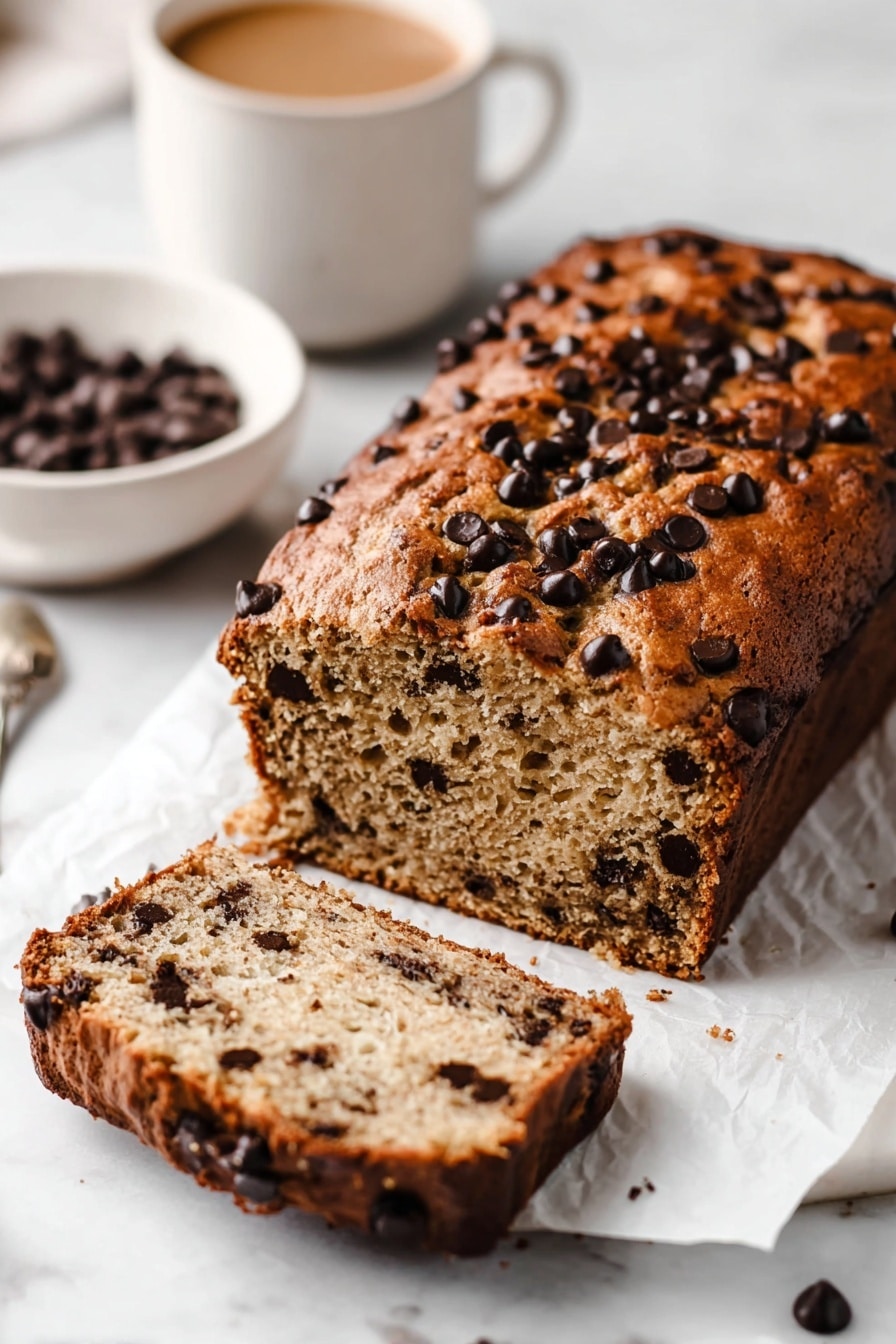 A loaf of chocolate chip banana bread is shown on a white marbled surface with two thick slices cut and lying in front. The bread has a golden brown crust with many dark chocolate chips visible on top, while inside it shows a light beige crumb dotted evenly with melted dark chocolate chips and banana bits. The texture looks soft and moist, and the loaf and slices rest on slightly crumpled white parchment paper. A white bowl filled with dark chocolate chips sits blurred in the background on the left side. Photo taken with an iphone --ar 2:3 --v 7 - Protein Banana Bread with Chocolate Chips, healthy banana bread, high-protein banana bread, nutritious chocolate chip banana loaf, easy protein banana bread recipe