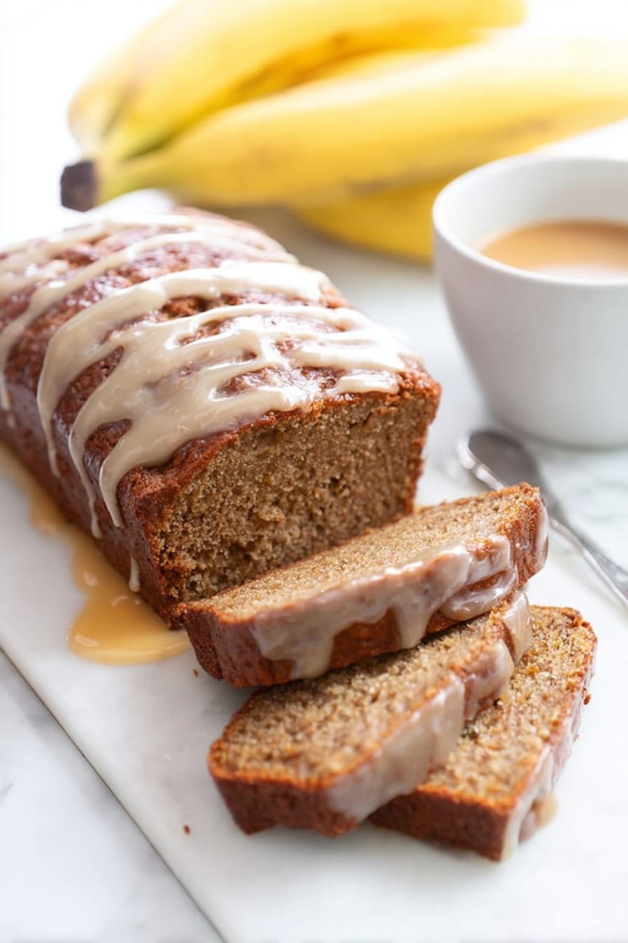 A loaf of brown banana bread is sliced on a white marble surface, with five thick slices visible and one lying flat in front. The bread has a dense, moist texture with a slightly cracked crust. A light, creamy-colored drizzle is spread unevenly over the top of the loaf, adding a glossy touch. In the background, several yellow bananas rest slightly out of focus. The scene is bright and simple, highlighting the natural softness and texture of the bread. photo taken with an iphone --ar 2:3 --v 7 - Dulce de Leche Banana Bread, decadent banana bread with dulce de leche, moist banana bread recipe, easy banana bread with caramel, sweet banana bread treat