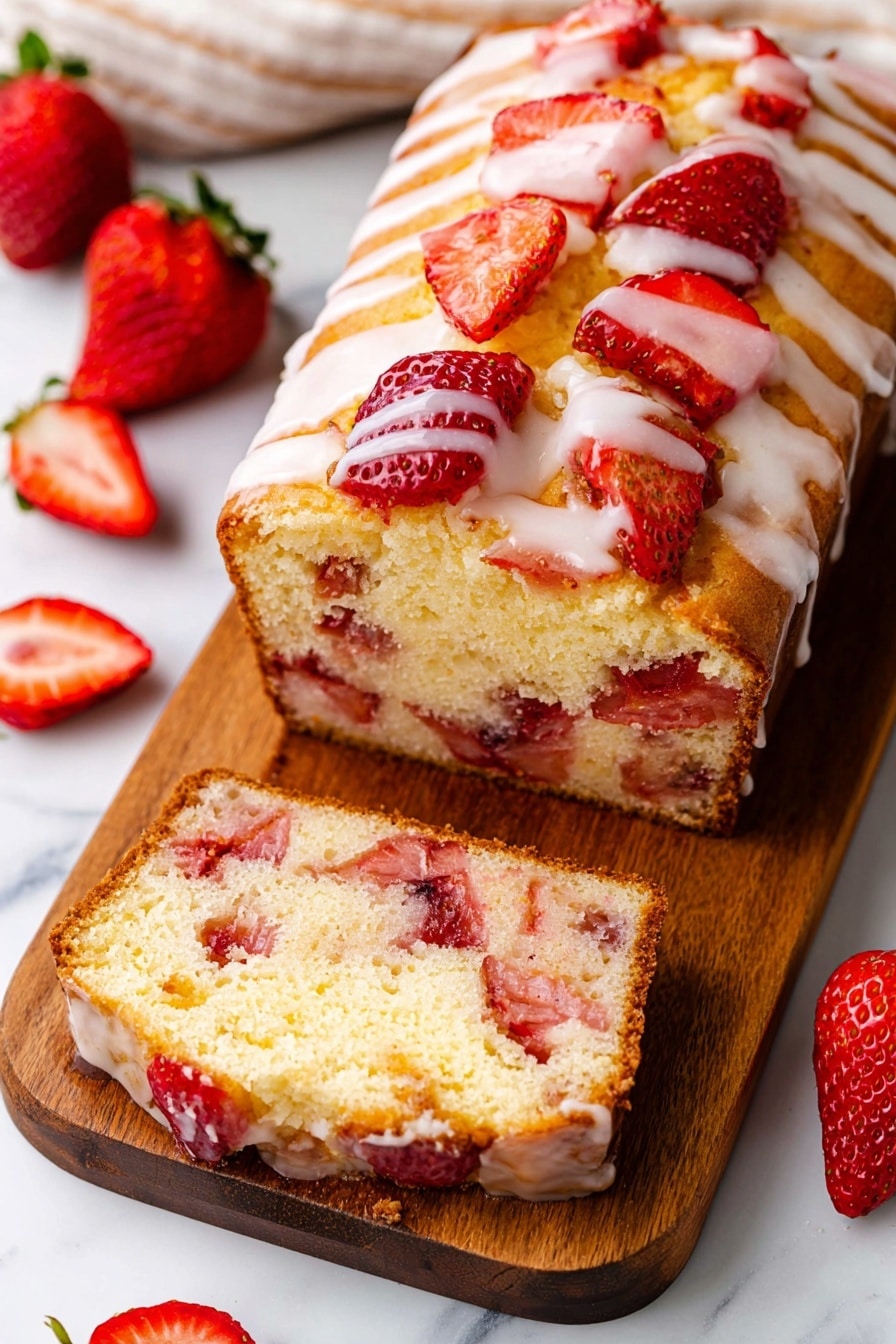 A rectangular loaf cake sits on a wooden board with a golden-brown crust. The top layer is light yellow with soft swirls of red strawberry pieces embedded throughout. On top, a white glaze is drizzled unevenly across the surface, adding a shiny, smooth texture. Beside the cake are bright red strawberries, some whole and some sliced in half, showing their juicy interiors. The background shows a white bowl filled with whole strawberries and a blue cloth near the upper right corner, set on a white marbled surface. photo taken with an iphone --ar 2:3 --v 7 - Strawberry Bread with Powdered Sugar Glaze, strawberry bread recipe, homemade strawberry loaf, fresh strawberry quick bread, easy strawberry cake loaf