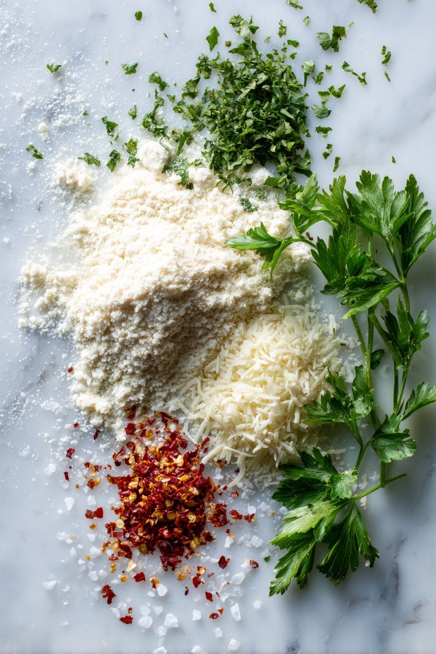 Flat lay of a fresh, golden baguette sliced in half lengthwise, creamy garlic butter spread thickly, a small mound of finely grated Parmesan cheese, vibrant green chopped parsley leaves, bright red pepper flakes scattered delicately, and crystals of sea salt glistening, all beautifully arranged on a white marble surface, photo taken with an iphone --ar 2:3 --v 7 - Garlic Bread with Parmesan, Parsley, and Red Pepper Flakes, garlic bread recipe, cheesy garlic bread, easy garlic bread, buttery garlic bread with spices