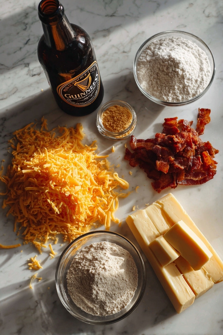 Flat lay of shredded sharp cheddar cheese, crispy cooked bacon pieces, a full glass bottle of dark Guinness beer, a small mound of granulated sugar, a heap of all-purpose flour, and a few sticks of golden melted butter, all beautifully arranged with natural light highlighting their textures and colors, placed on a white marble surface, photo taken with an iphone --ar 2:3 --v 7 - Guinness Beer Bacon Cheddar Bread, easy beer bread with bacon and cheese, homemade savory Guinness bread, flavorful beer bread recipe, simple bread with bacon and cheddar