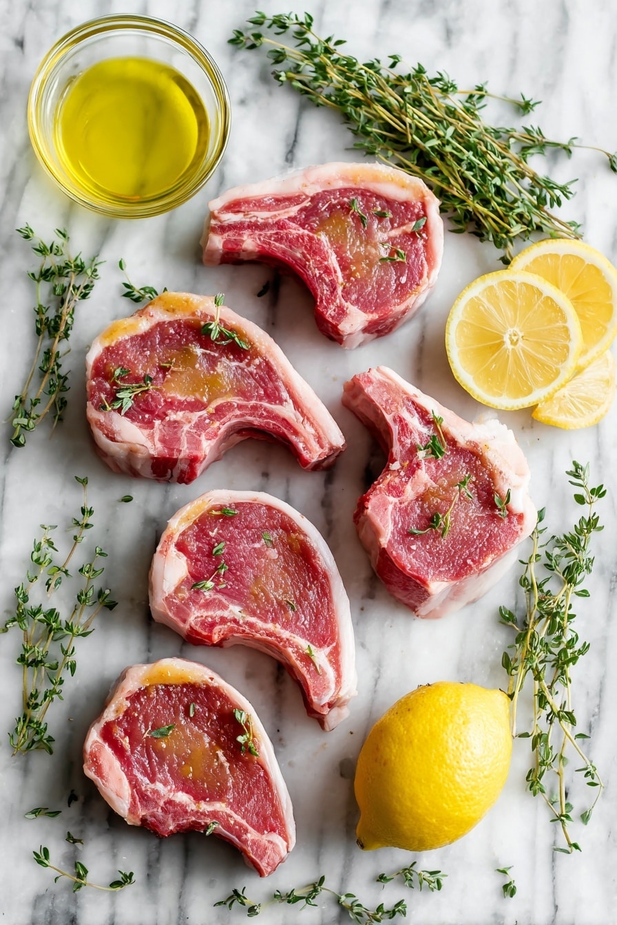 Flat lay of six raw lamb chops with smooth fat and fine grain, fresh thyme sprigs scattered artfully, a bright yellow lemon sliced into quarters, a small glass bowl of golden olive oil, and a fresh lemon half with visible juice droplets, all arranged beautifully on a white marble surface, photo taken with an iphone --ar 2:3 --v 7 - Lemon Thyme Lamb Chops, lemon thyme lamb chops recipe, easy lamb chop recipes, quick lamb dinner ideas, flavorful lamb chop dishes
