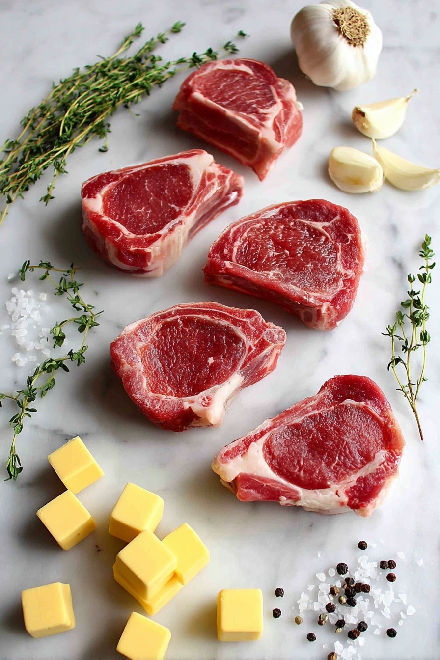 Flat lay of five raw lamb loin chops with visible marbling, a small pile of bright yellow butter cubes, several peeled garlic cloves and some minced garlic, fresh green thyme sprigs scattered artfully, coarse black peppercorns, and a few pinches of coarse sea salt flakes arranged in small piles, all placed on a white marble surface, photo taken with an iphone --ar 2:3 --v 7 - Garlic Butter Lamb Chops, Lamb Chops Recipes, Easy Lamb Dinner, Quick Lamb Recipes, Flavorful Lamb Chops