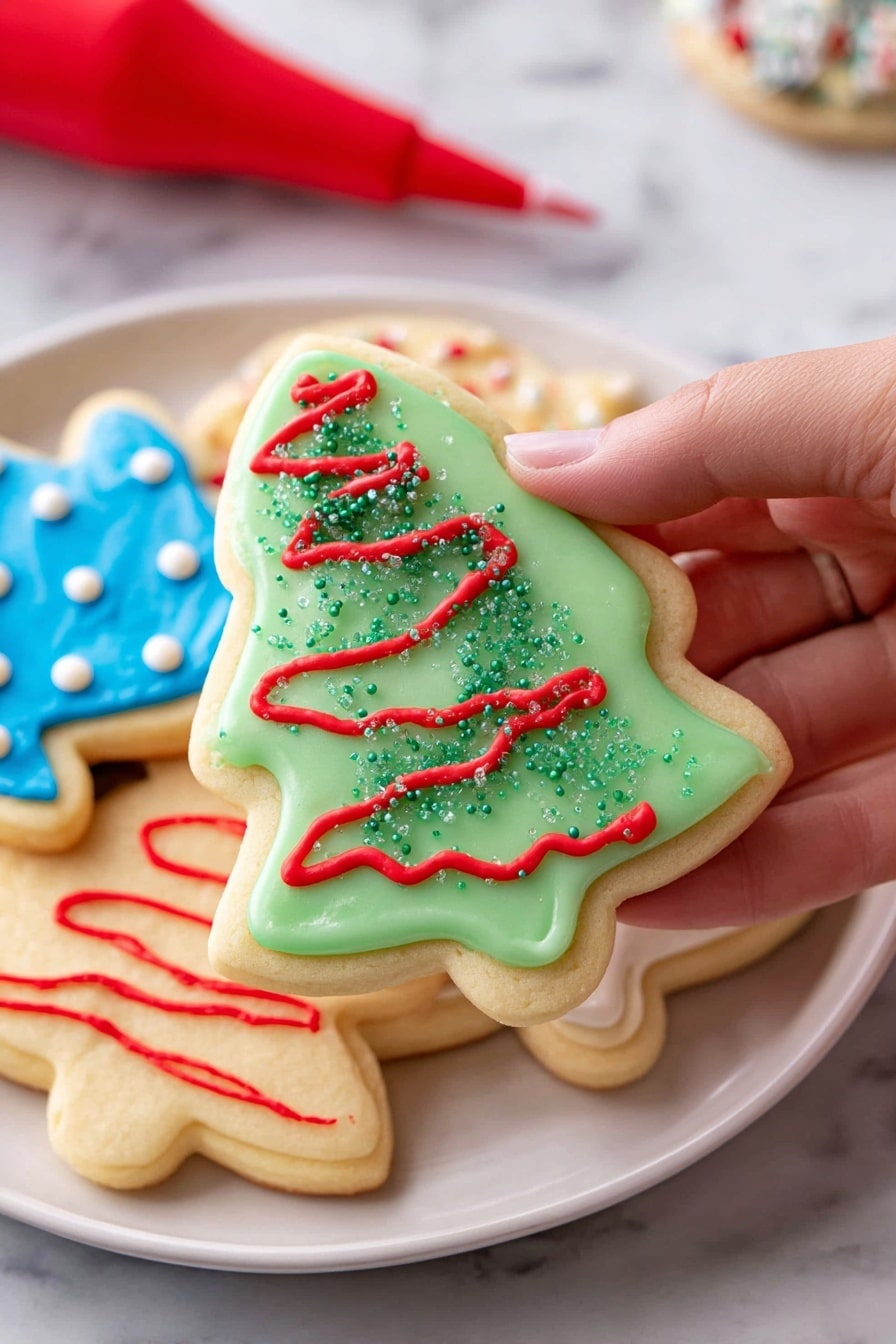 A woman's hand is holding a tree-shaped cookie decorated with a layer of smooth green icing covering the top surface, sprinkled with small green sugar crystals, and topped with red icing squiggles in a zigzag pattern. The cookie is one of several on a white plate, with other cookies visible underneath, including one with blue icing and white round sprinkles and another with red icing lines on light brown cookie dough. A red icing tube is blurred in the background on a white marbled surface. photo taken with an iphone --ar 2:3 --v 7 - Sugar Cookie Icing, cookie decorating icing, homemade icing for cookies, glossy cookie icing, easy sugar cookie icing