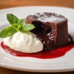 Molten Chocolate Lava Cake with Raspberry Coulis and Whipped Cream Recipe
