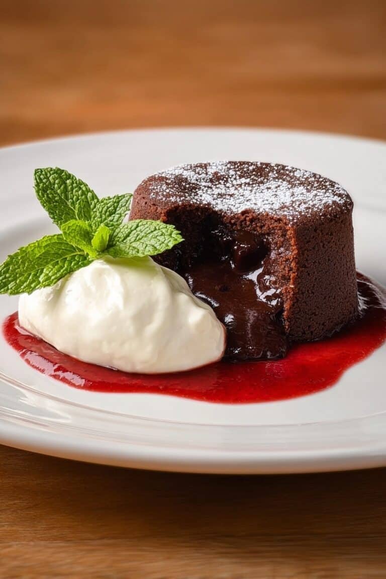 Molten Chocolate Lava Cake with Raspberry Coulis and Whipped Cream Recipe