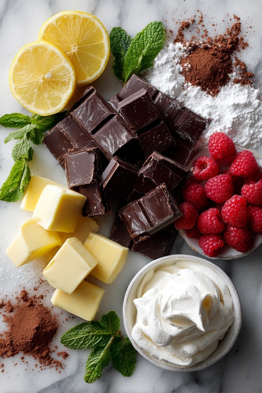 Flat lay of rich dark chocolate chunks, glossy unsalted butter cubes, fresh bright red raspberries, vibrant lemon slices with zest, fluffy whipped cream swirled with vanilla bean paste, a sprinkle of fine powdered sugar, fresh green mint sprigs, and a dusting of deep brown cocoa powder, all beautifully arranged on a white marble surface, photo taken with an iphone --ar 2:3 --v 7 - Molten Chocolate Lava Cake with Raspberry Coulis and Whipped Cream, chocolate lava cake with raspberry sauce, easy molten lava cake, indulgent chocolate dessert, festive chocolate cake