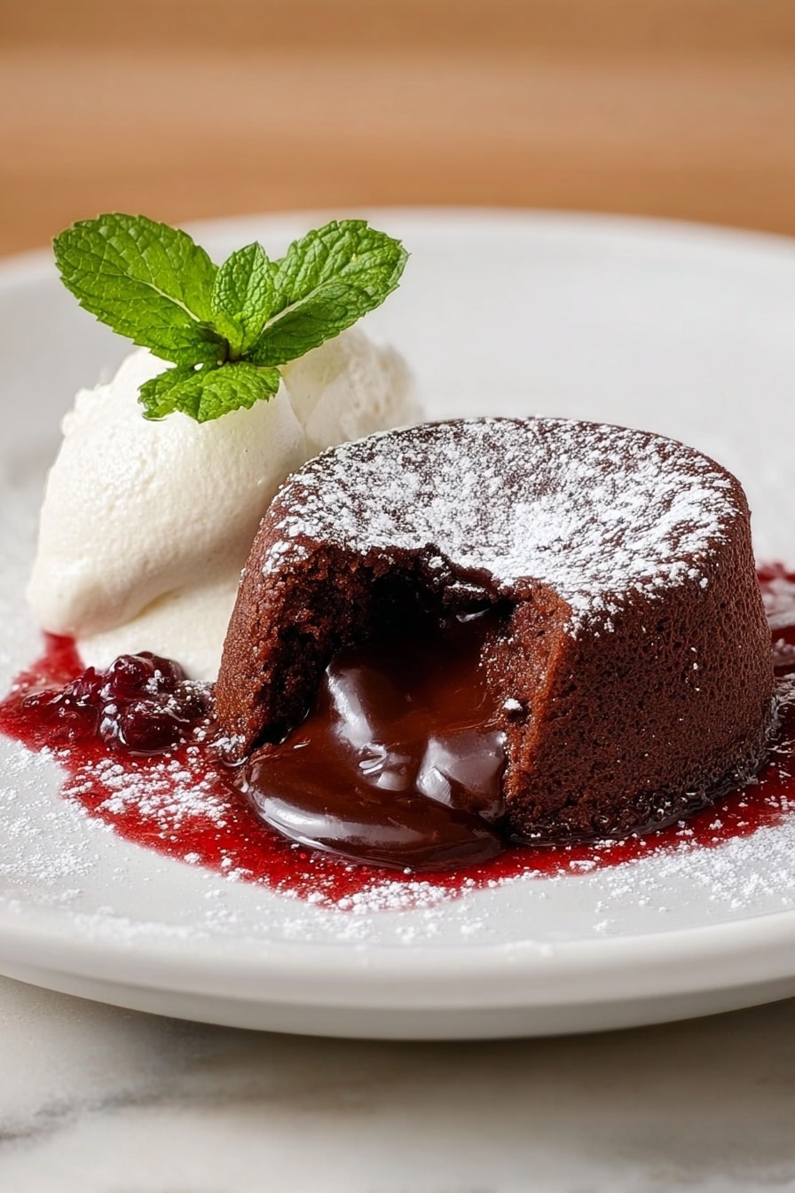 A small dark brown chocolate cake sits in the center of a white plate, dusted lightly with white powdered sugar around it. The cake has a smooth surface with a soft texture, revealing molten chocolate oozing out from its inside, pooling slightly beside it. On top of the cake, there is a swirl of white cream, drizzled with bright red strawberry sauce that flows softly down one side of the cake and onto the plate. The plate is set on a wooden table with a light brown tone, and the background is blurred. Photo taken with an iphone --ar 2:3 --v 7 - Molten Chocolate Lava Cake with Raspberry Coulis and Whipped Cream, chocolate lava cake with raspberry sauce, easy molten lava cake, indulgent chocolate dessert, festive chocolate cake