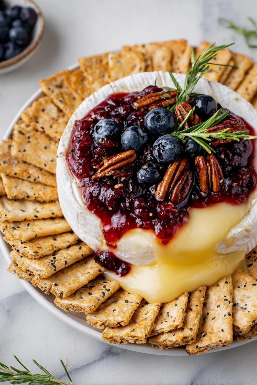 A white round cheese wheel with soft white rind forms the base layer on a white plate. On top, melted cheese oozes down the sides in a creamy yellow color. Above this is a glossy deep red layer of fruit sauce, scattered with shiny brown pecans and fresh, plump blue blueberries. Small green sprigs of rosemary are placed on top for decoration. Around the cheese on the plate, there are two layers of crackers: a layer of thin, brown multigrain crackers with seeds and nuts arranged at the top half, and a layer of light beige square saltine crackers around the bottom half. The whole setup is on a white marbled surface. Photo taken with an iphone --ar 2:3 --v 7 - Baked Brie with Cranberries, Christmas appetizer, cranberry brie dip, holiday cheese platter, festive brie recipe
